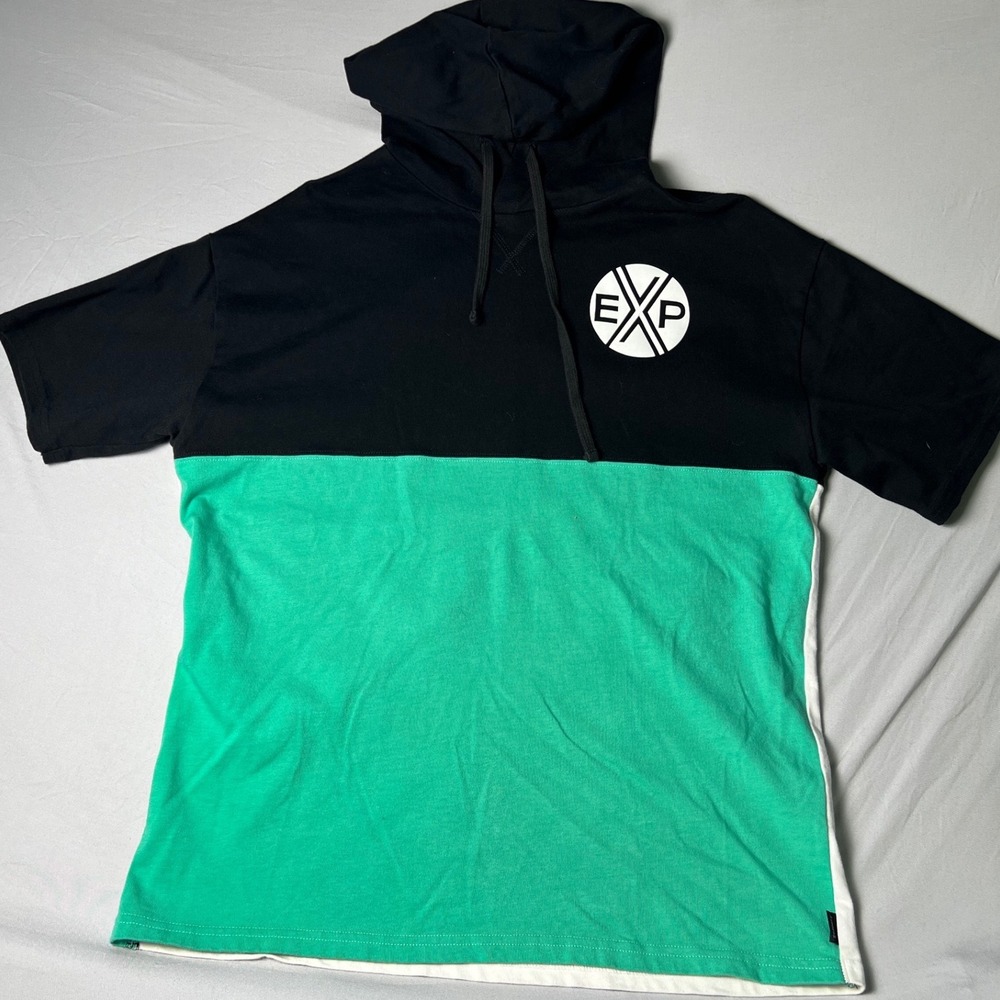 Express Mens Colorblock Short Sleeve Hoodie Black Green White EXP Logo Medium - Picture 1 of 7